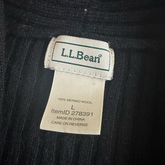 LL Bean Womens Large Cardigan 100% Merino Wool Sweater Collar Shawl Black Pocket - Picture 9 of 10